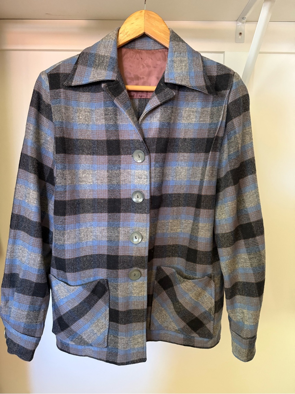 Vintage Plaid Wool Button-Front Women's Medium Jacket in Gray & Blue